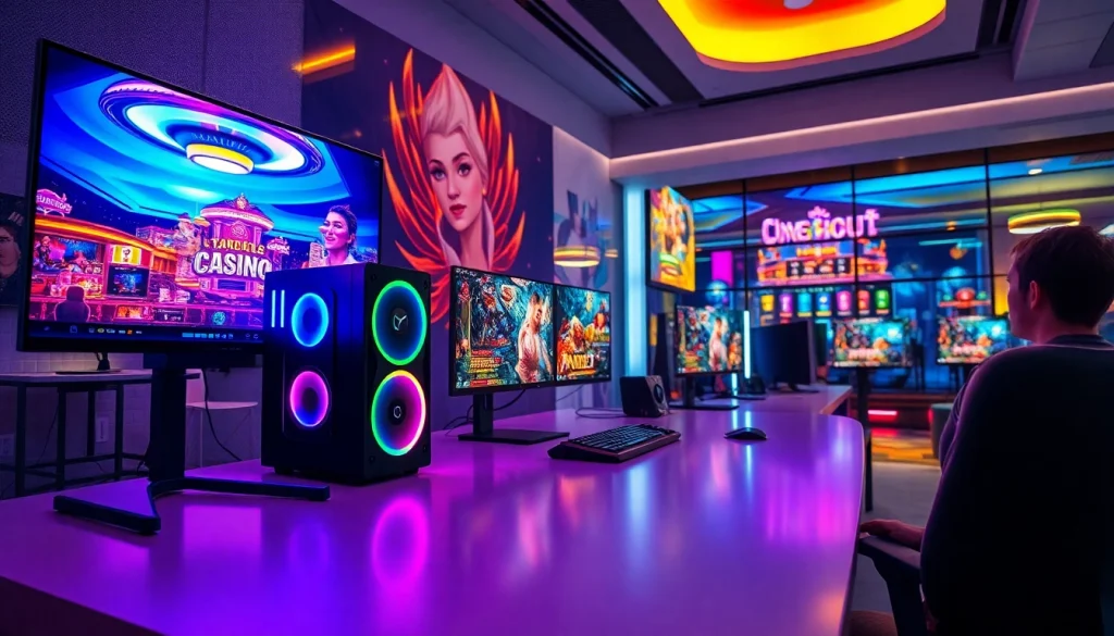 Komengtoto gacor menunjukkan pengaturan permainan modern dengan pencahayaan RGB yang berwarna-warni.