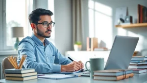 Showcasing best nursing essay writing services with a diligent writer focused in a well-lit workspace.