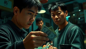 카드깡 현금 교환 장면을 보여주는 인물의 긴장한 표정과 배경의 상점 모습을 담다