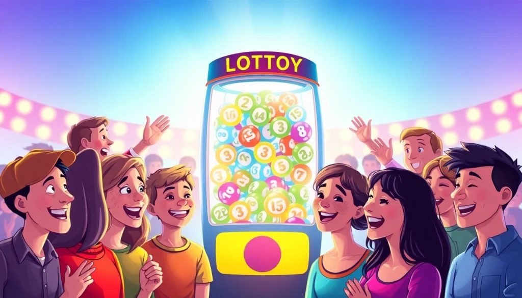 Memperlihatkan suasana togel online dengan pengundi lotere yang penuh warna dan orang-orang bersemangat.