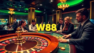 Những người cá cược phấn khích đang tham gia một trò chơi cược cao tại sòng bạc W88, thể hiện sự sang trọng và kích thích.