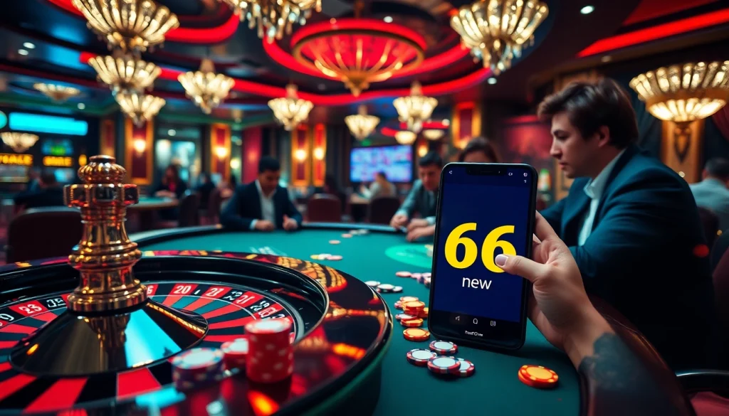 Exciting casino scene featuring gambling elements related to new 66, with players at poker and roulette tables.