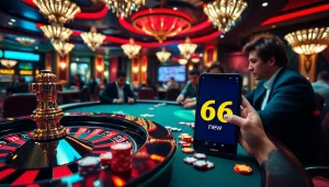 Exciting casino scene featuring gambling elements related to new 66, with players at poker and roulette tables.