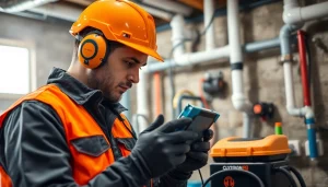 Technician performing Leak Detection inspection with advanced equipment in a home setting.