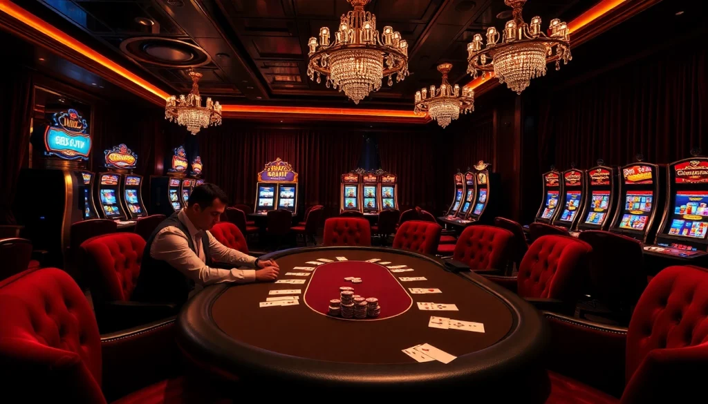 S88 VIP poker players strategizing in an upscale casino, surrounded by high-end decor and vibrant slot machines.