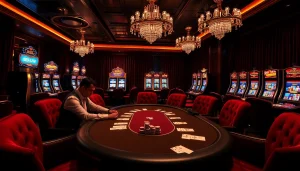 S88 VIP poker players strategizing in an upscale casino, surrounded by high-end decor and vibrant slot machines.