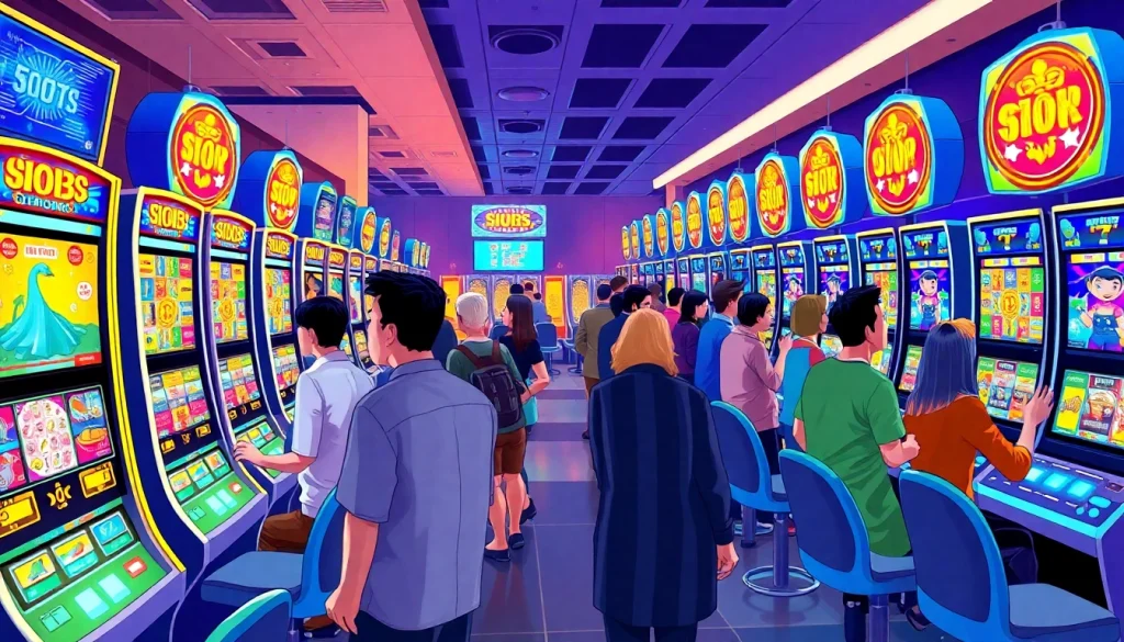 Exciting HOKI138 online slot gaming scene with diverse players and vibrant graphics.