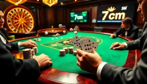 Experience the thrill of gambling with 7m cn poker chips, cards, and a roulette wheel in a luxurious casino setting.