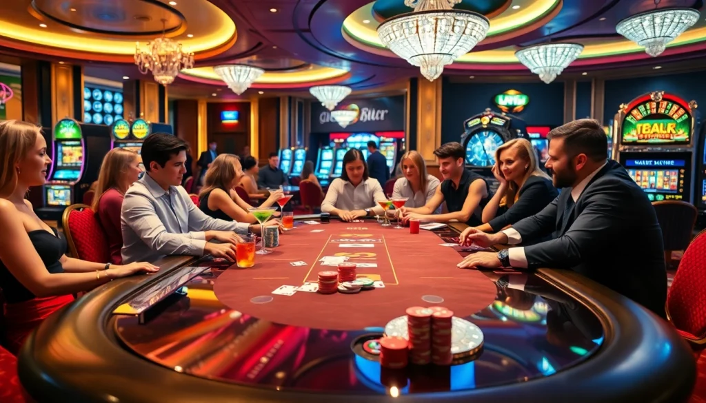Experience excitement at new 66 as players engage in a thrilling poker game in a luxurious casino atmosphere.