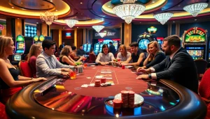 Experience excitement at new 66 as players engage in a thrilling poker game in a luxurious casino atmosphere.