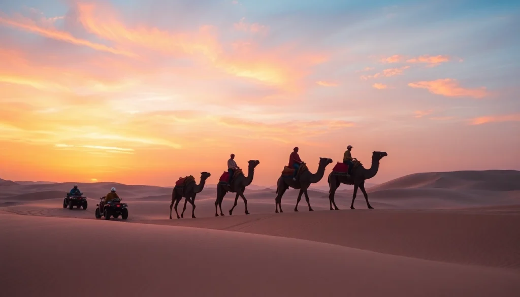 Marrakech camel ride and quad biking at sunset in the Agafay Desert, capturing adventure amid stunning landscapes.