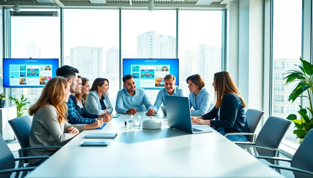 Web design edmonton professionals brainstorming ideas in a bright office.