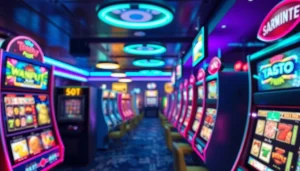 Kode4d vibrant online gaming scene with colorful slot machines and dynamic elements