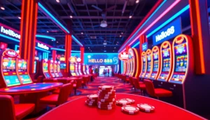 Hello88 immersive digital casino experience with vibrant neon colors and interactive gaming tables.