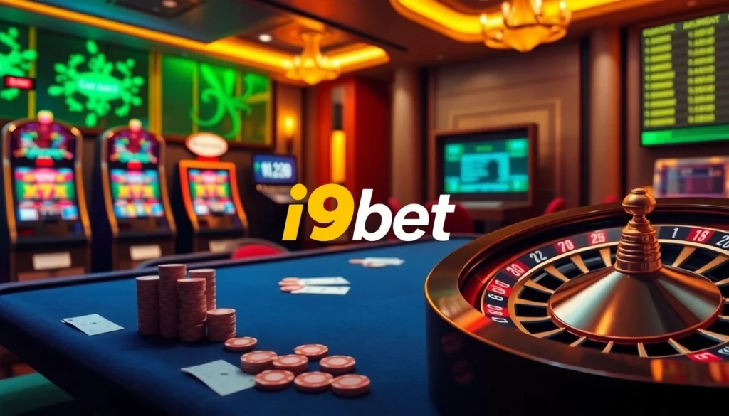 Players engaging in a thrilling game scenario at i9bet, showcasing poker chips and a roulette wheel.