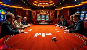 Players enjoying a thrilling high-stakes game at THABET's luxurious blackjack table.