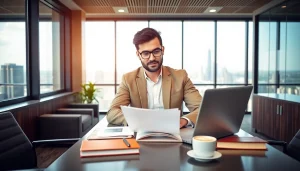 Intellectual property lawyer confidently reviewing documents in a modern office.