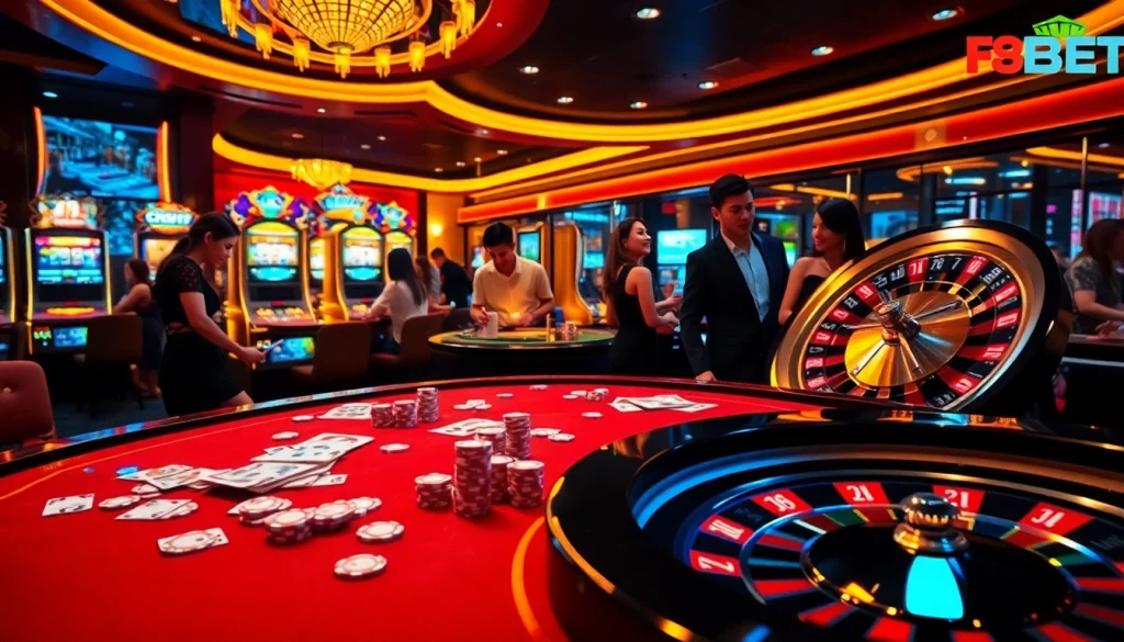 Experience the thrill of gambling at Nhà cái F8BET with an elegant casino scene featuring exciting games.
