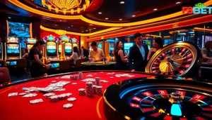Experience the thrill of gambling at Nhà cái F8BET with an elegant casino scene featuring exciting games.