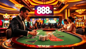 Exciting casino scene illustrating the 888b link with poker and slot games.