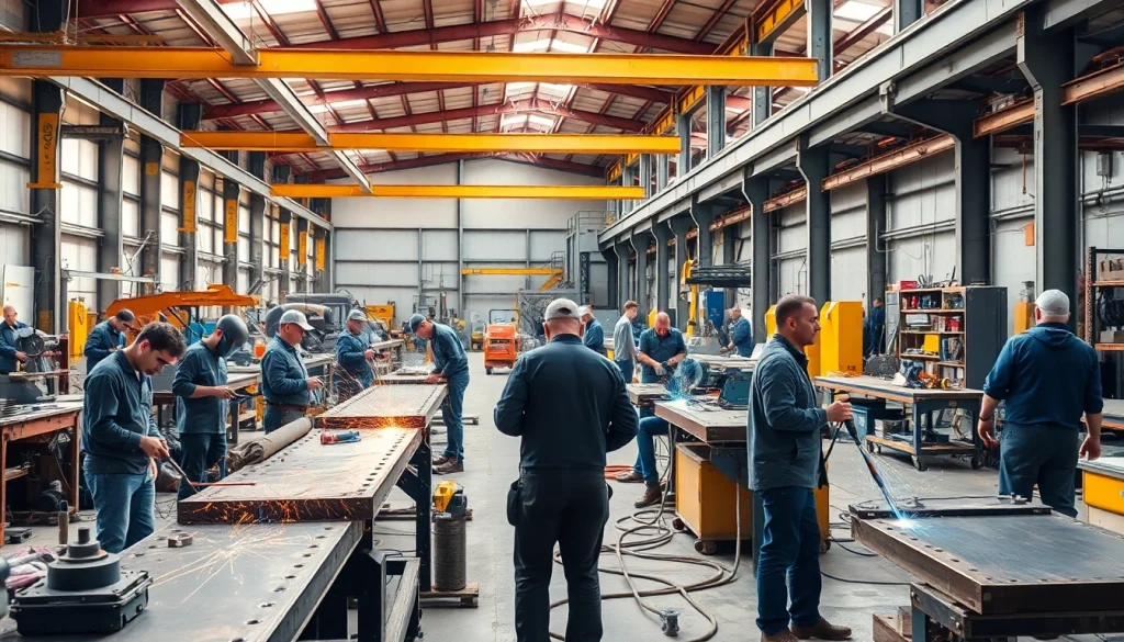 Craftsmen at a steel fabrication shop engaged in metalworking tasks, showcasing skilled practices.
