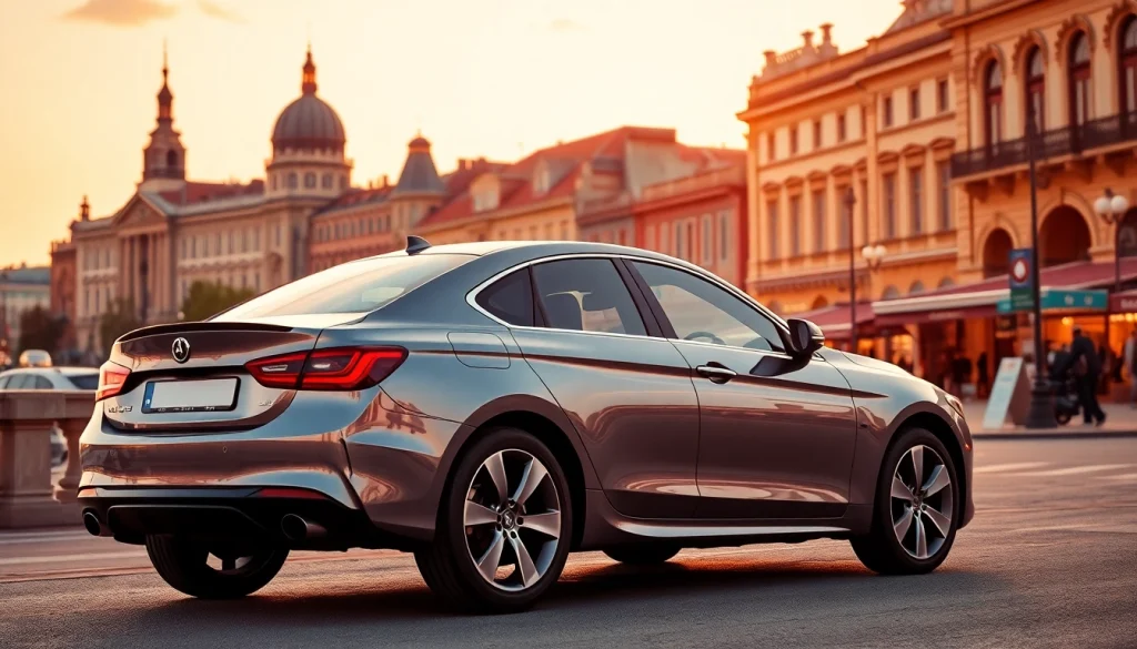 Rent a car Moldova in Chișinău with vibrant city backdrop showcasing modern urban vibes