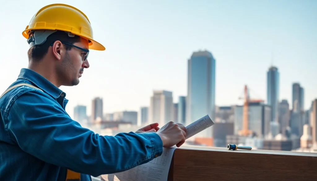 New York City General Contractor measuring during an active project with NYC skyline backdrop.