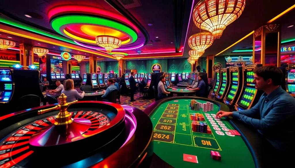 Exciting casino experience at https://rr88.wales/ with roulette, poker, and slot machines bustling.