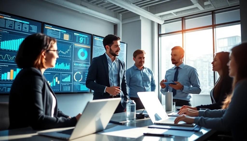 Analyzing competitive intelligence data with collaborative visuals in a modern workspace.