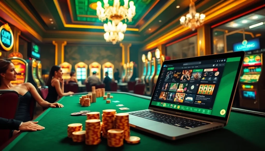 Luck8 players enjoying fast-paced games at a glamorous online casino.