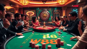 Players enjoying a thrilling game at a W88 poker table in a luxurious casino setting.