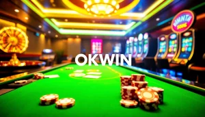 Experience the thrill of OKWIN with an engaging casino atmosphere featuring poker chips and roulette.