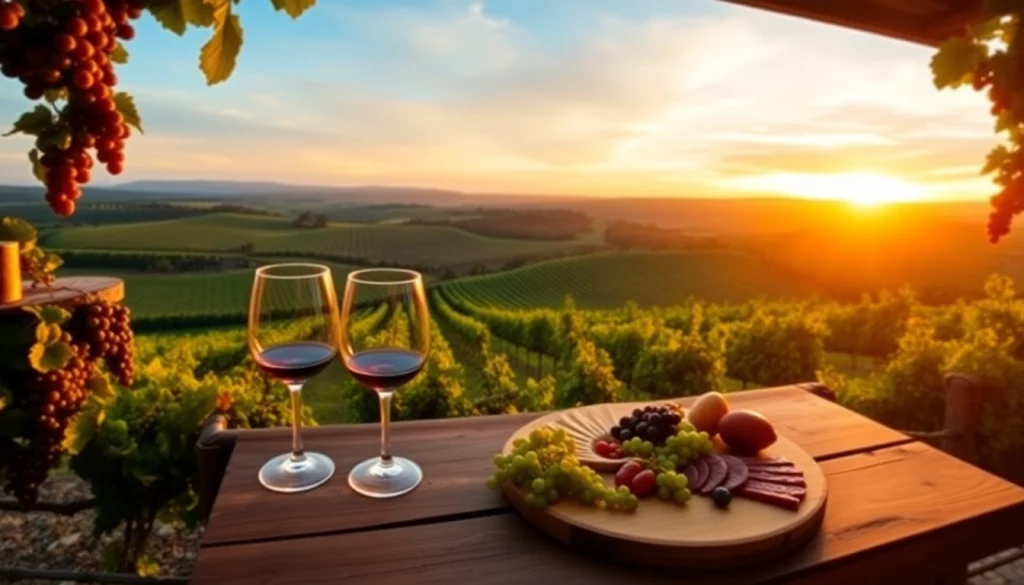 Enjoy the beauty of wineries in Clarksburg with sweeping vineyard views and a serene sunset.