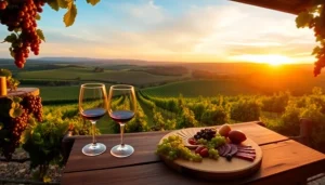 Enjoy the beauty of wineries in Clarksburg with sweeping vineyard views and a serene sunset.