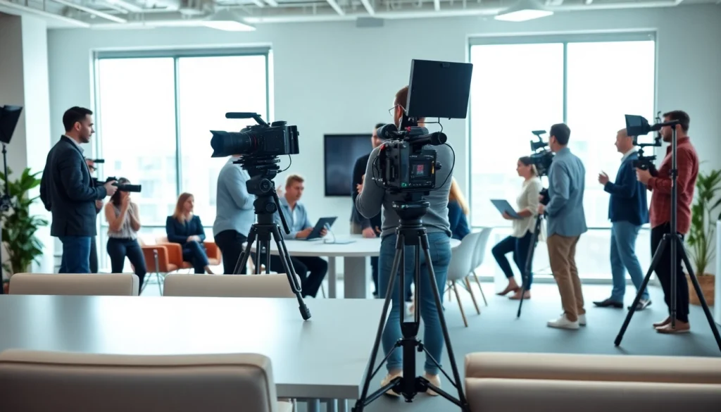 Showcasing a Corporate Video Production in a modern office setting with a creative team collaborating.