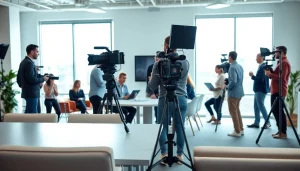 Showcasing a Corporate Video Production in a modern office setting with a creative team collaborating.