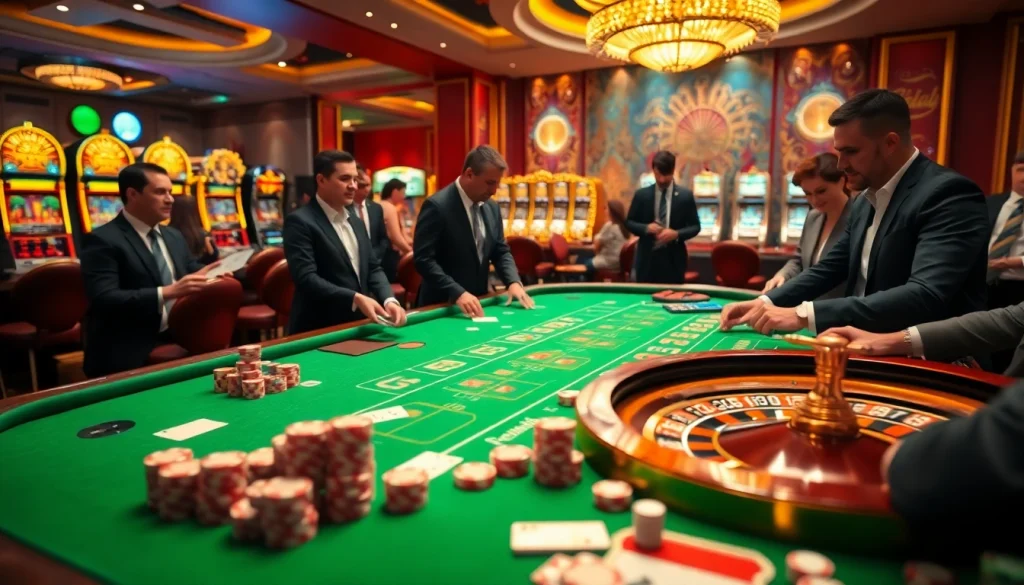 Engage with Go8's luxurious casino experience featuring players at a vibrant table with cards, chips, and roulette.