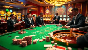 Engage with Go8's luxurious casino experience featuring players at a vibrant table with cards, chips, and roulette.