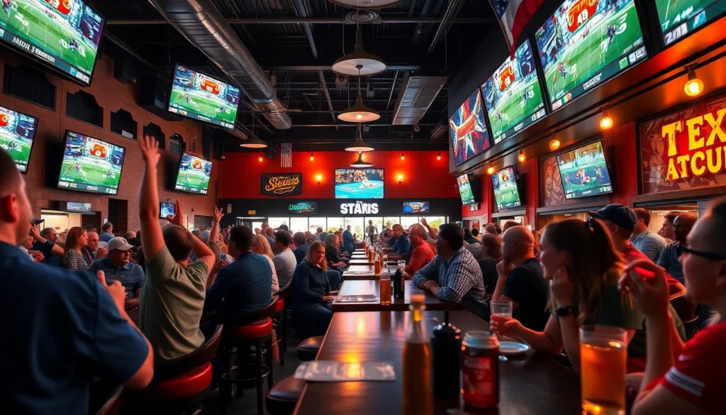 Exciting sports betting Texas atmosphere in a lively sports bar with fans enjoying games.