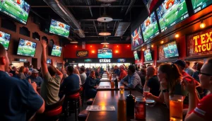 Exciting sports betting Texas atmosphere in a lively sports bar with fans enjoying games.