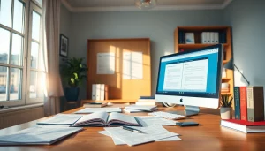 Traducteur assermenté portugais professionnel au travail dans un bureau serein.