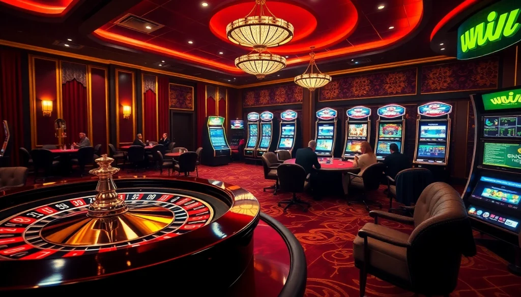 w88 casino scene showcasing roulette, poker, and slot machines with vibrant excitement.