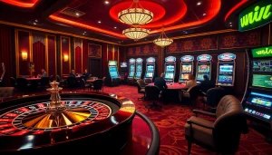 w88 casino scene showcasing roulette, poker, and slot machines with vibrant excitement.