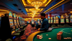 Engaged player making a slot bet kecil with vibrant casino atmosphere and luxurious decor.