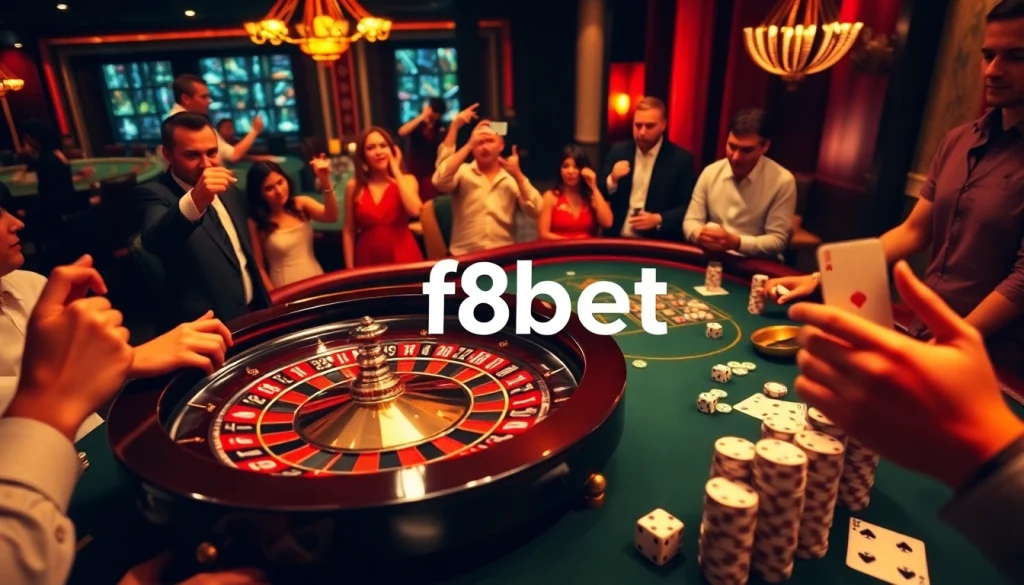 Experience thrilling casino action at f8bet with vibrant poker chips and a roulette wheel.