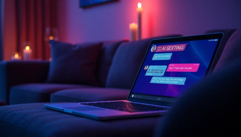 AI sexting chat interface on a cozy digital setup, with romantic atmosphere and intimate props.