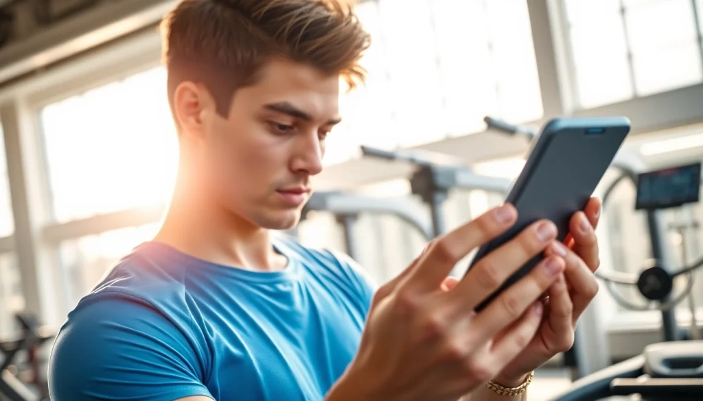 Engaged individual calculates their TDEE using a tdee calculator in a vibrant gym setting.
