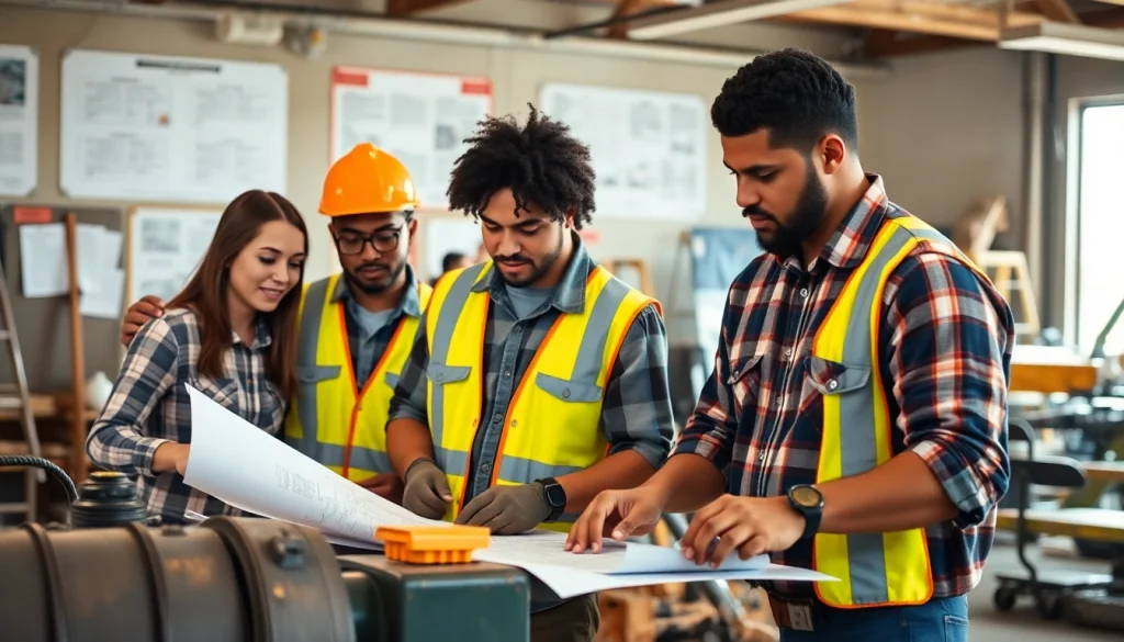Students learning at construction trade schools in texas collaborate on projects in a workshop environment.