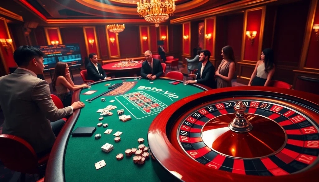 Cảnh casino Bet VIP đầy hứng khởi với roulette, poker và những người chơi lộng lẫy.
