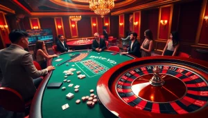 Cảnh casino Bet VIP đầy hứng khởi với roulette, poker và những người chơi lộng lẫy.